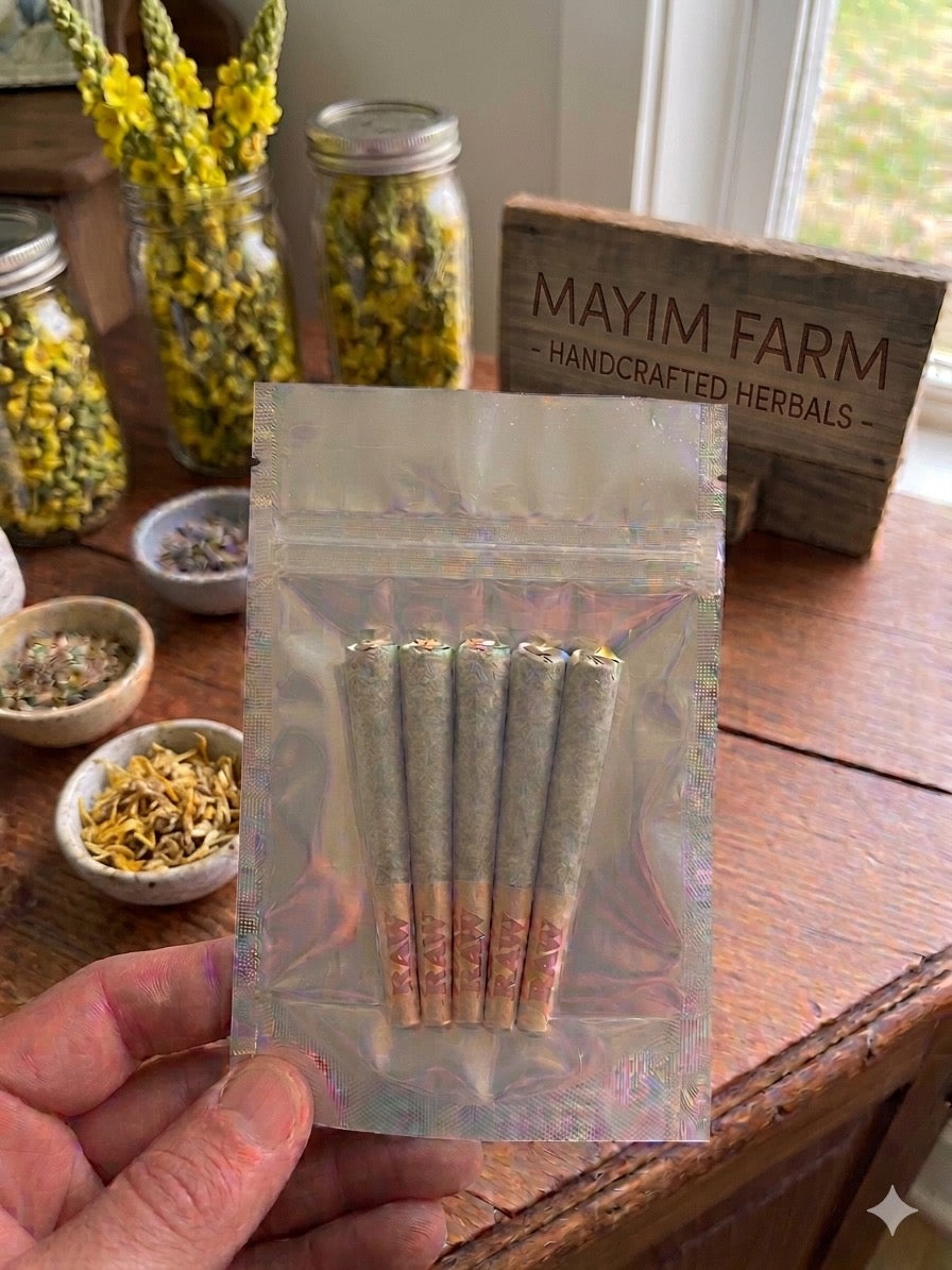 Herbal Prerolls by Mayim Farm, five tobacco-free herbal prerolls in a resealable mylar bag, hand-blended in Opp Alabama