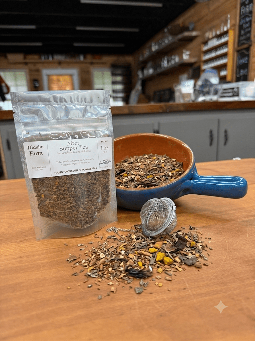 Traditional dandelion root herbal tea small-batch Mayim Farm Opp Alabama