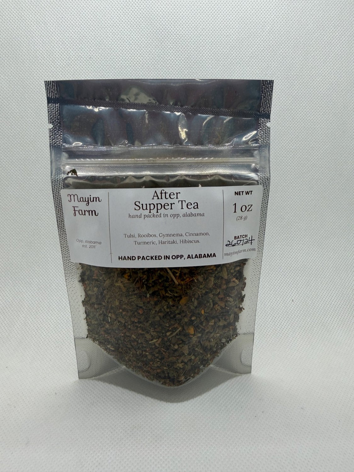 After Supper Tea bag front, a loose leaf herbal blend packed by hand in Opp, Alabama