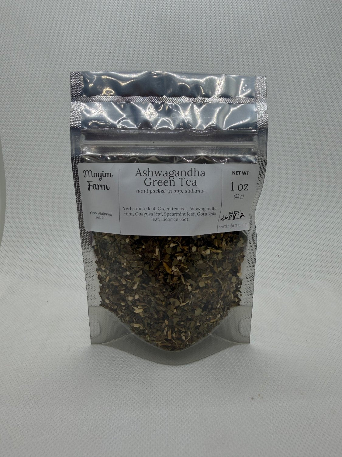 Ashwagandha Green Tea bag front, green tea blended with ashwagandha at Mayim Farm in Opp, Alabama