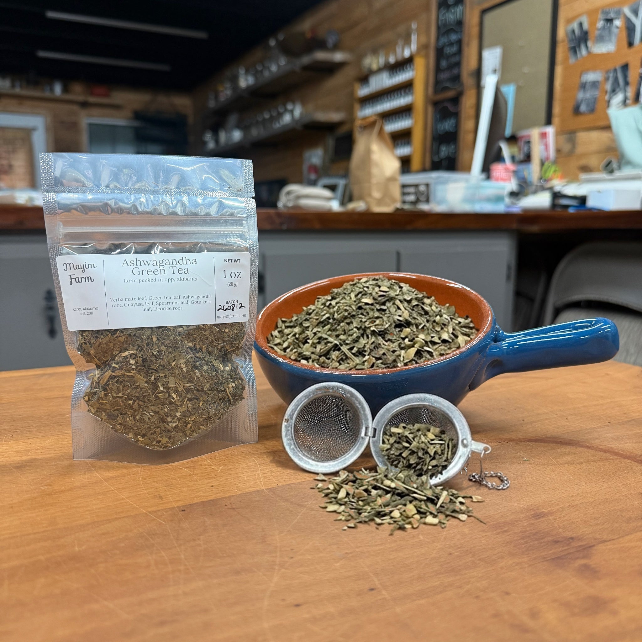 Ashwagandha Green Tea loose leaf blend, packed by hand at Mayim Farm in Opp, Alabama