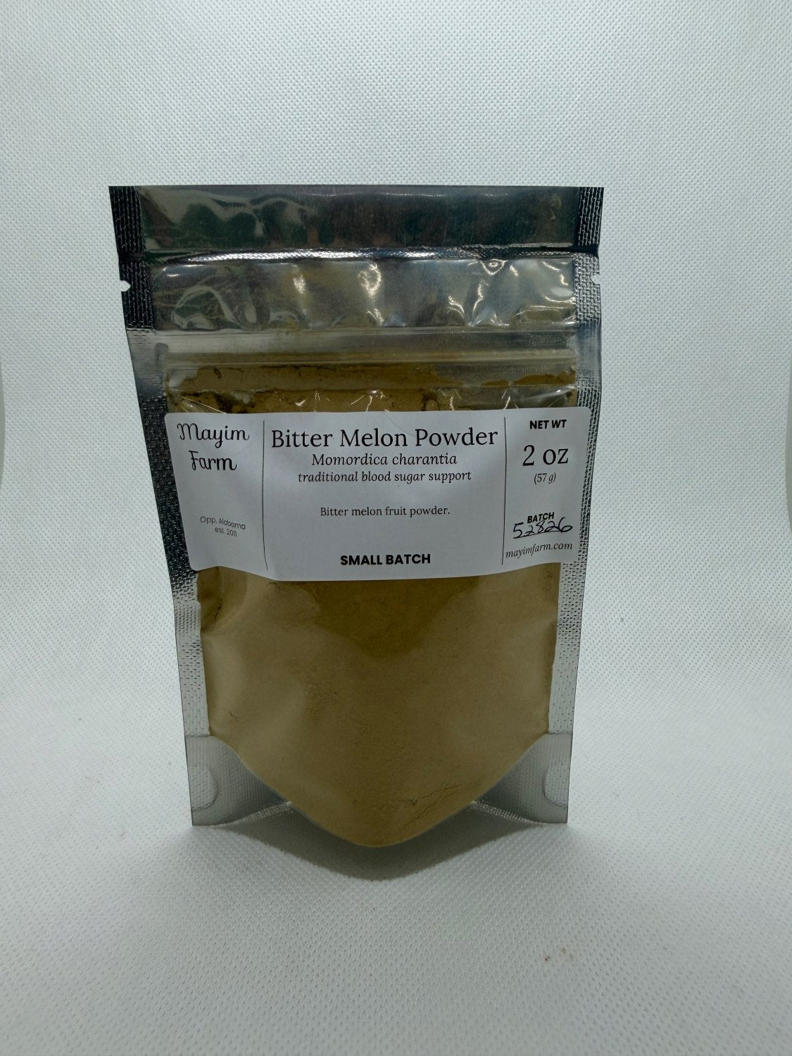 Bitter Melon Powder pouch front, fine ground bitter melon packed by hand at Mayim Farm in Opp, Alabama