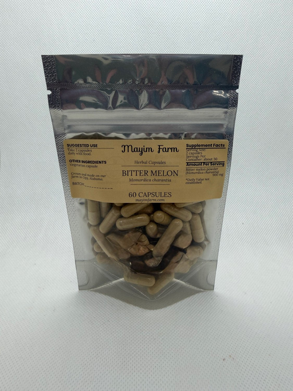 Bitter Melon Capsules pouch front, hand filled at Mayim Farm in Opp, Alabama