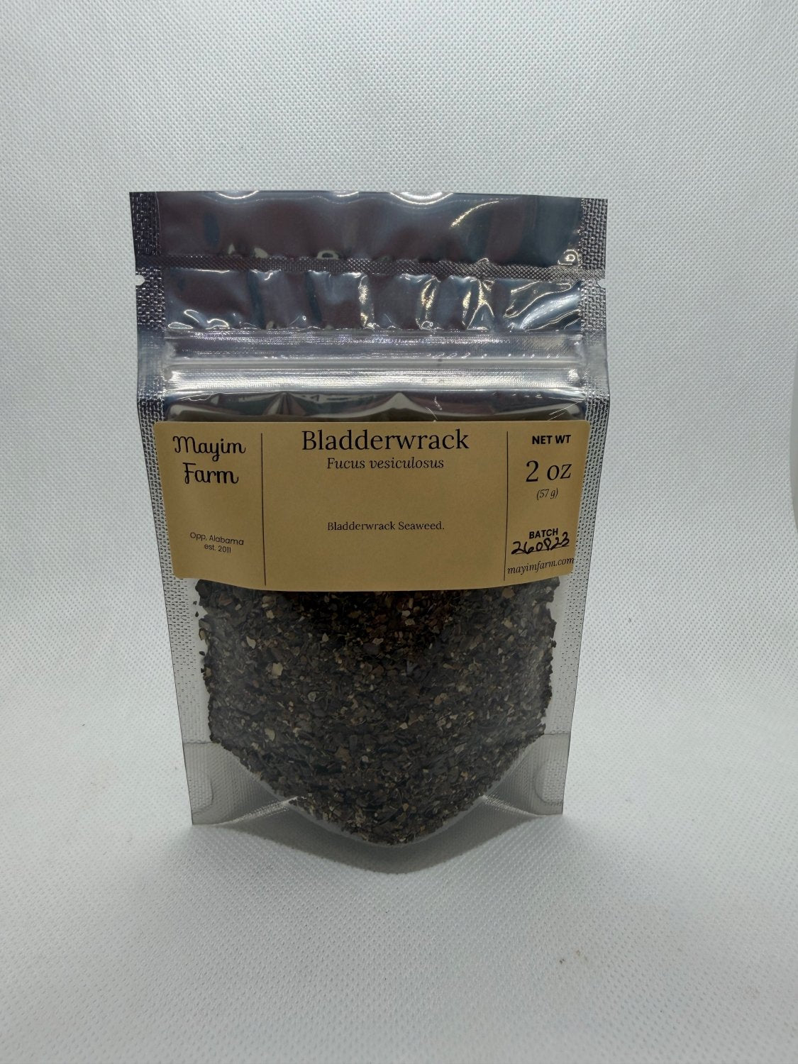 Bladderwrack Seaweed package front, dried Fucus vesiculosus hand packed at Mayim Farm in Opp, Alabama