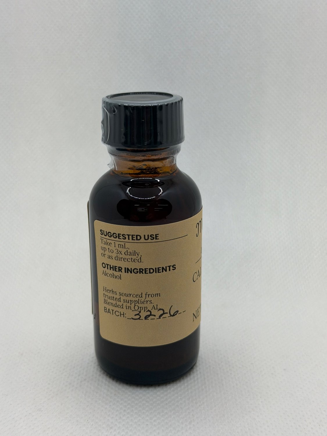 Calm Mind Blend suggested use and other ingredients on the Mayim Farm bottle label