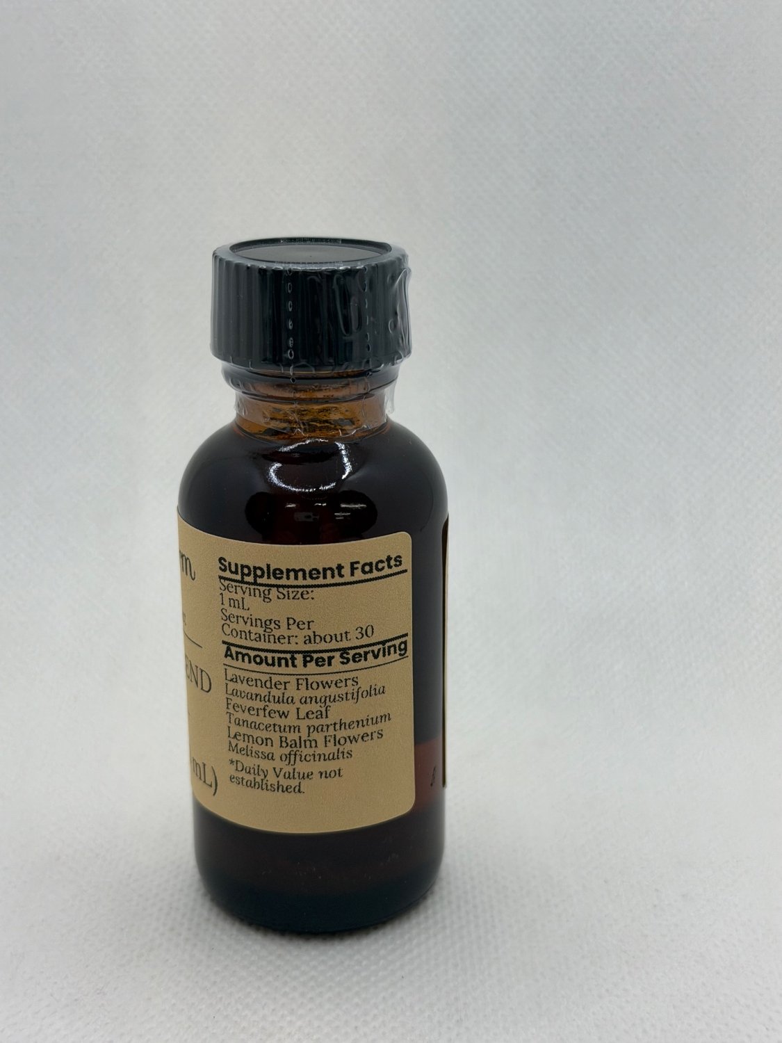 Calm Mind Blend supplement facts panel on the Mayim Farm bottle label