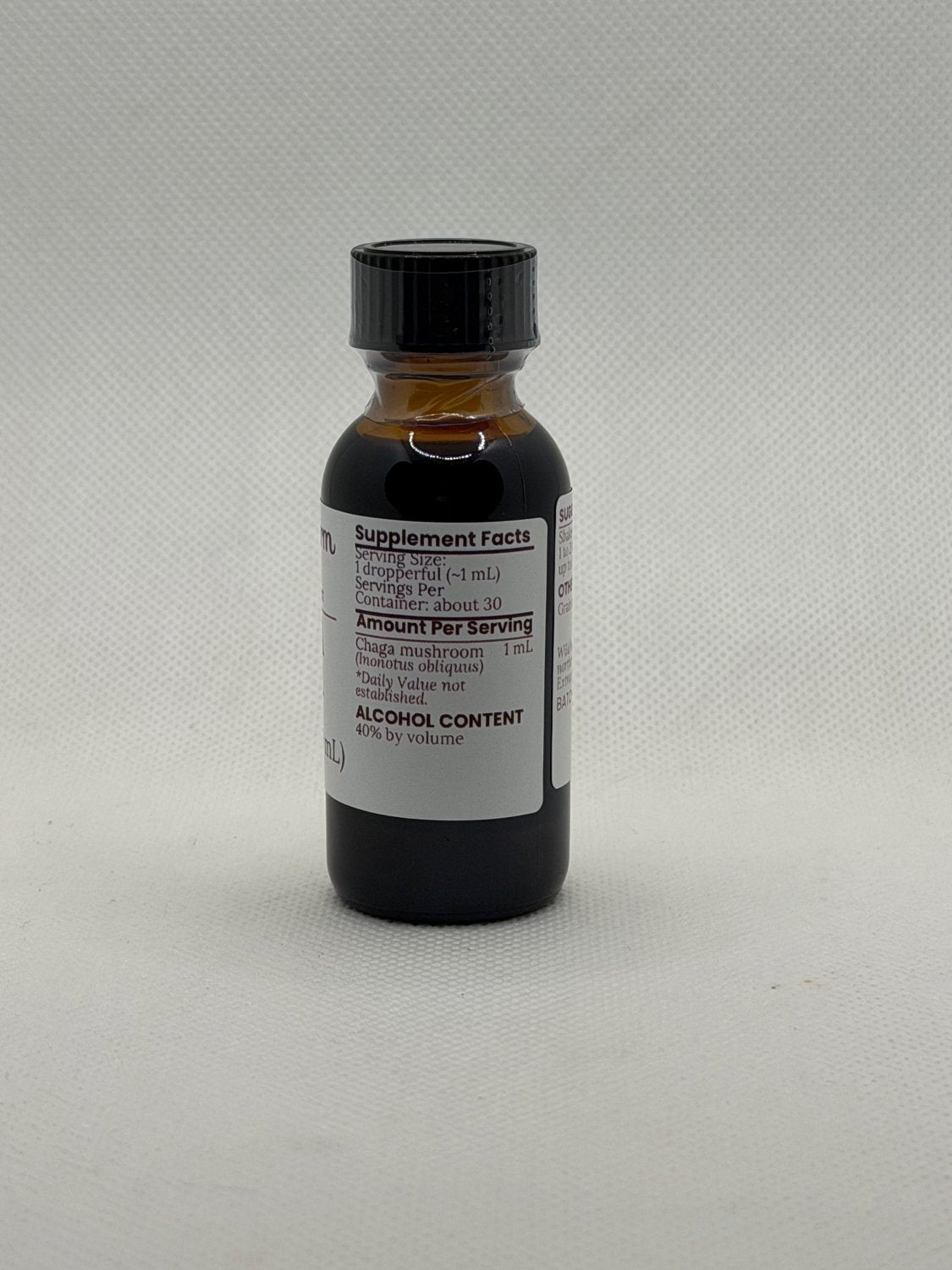 Chaga Mushroom Extract supplement facts panel on the Mayim Farm bottle label