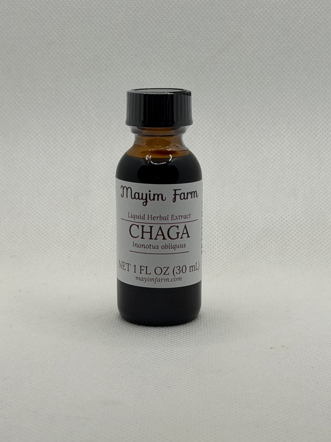 Chaga Mushroom Extract, 1 fl oz amber glass bottle, liquid herbal extract made at Mayim Farm in Opp, Alabama