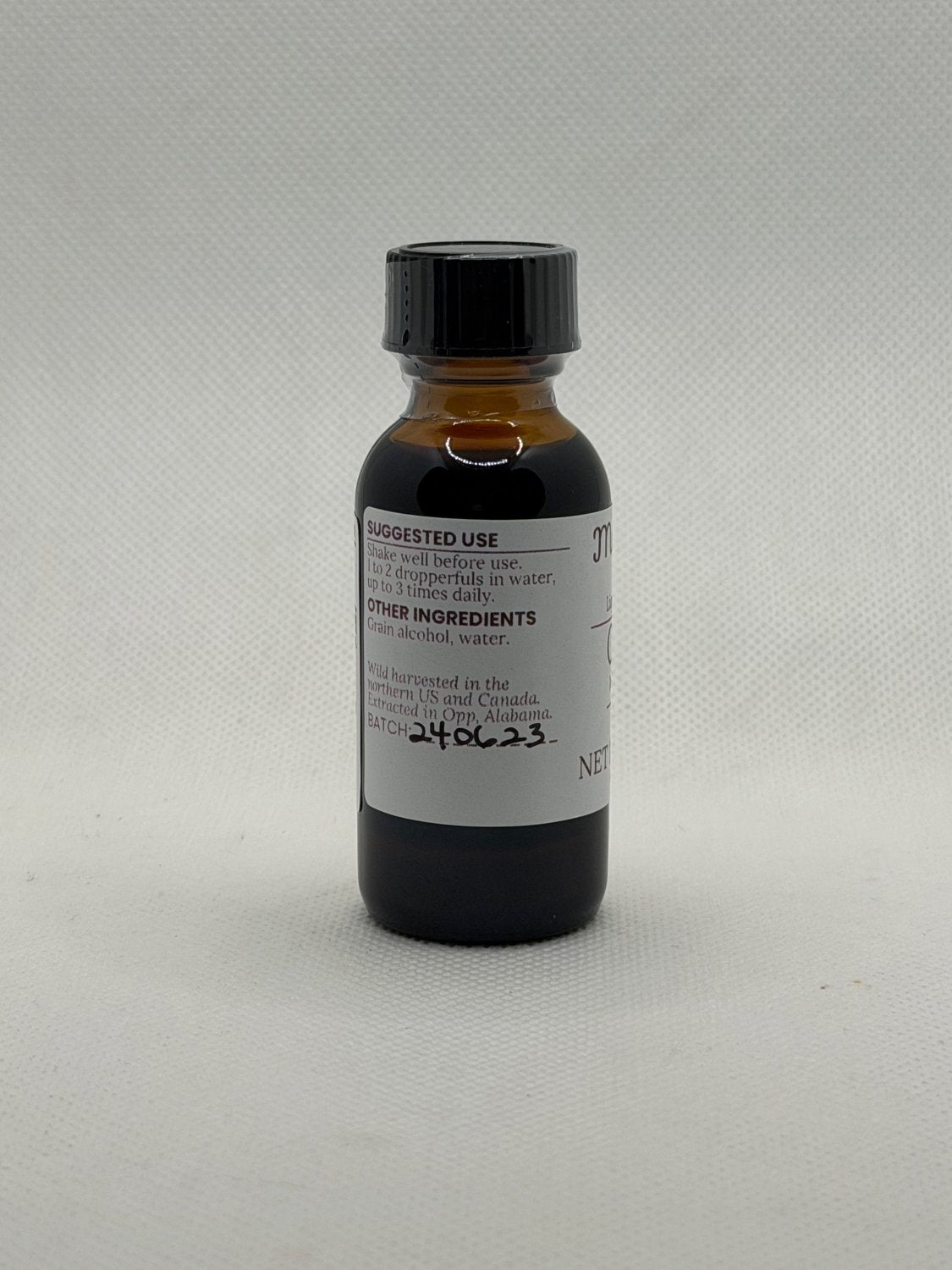Chaga Mushroom Extract suggested use and other ingredients on the Mayim Farm bottle label