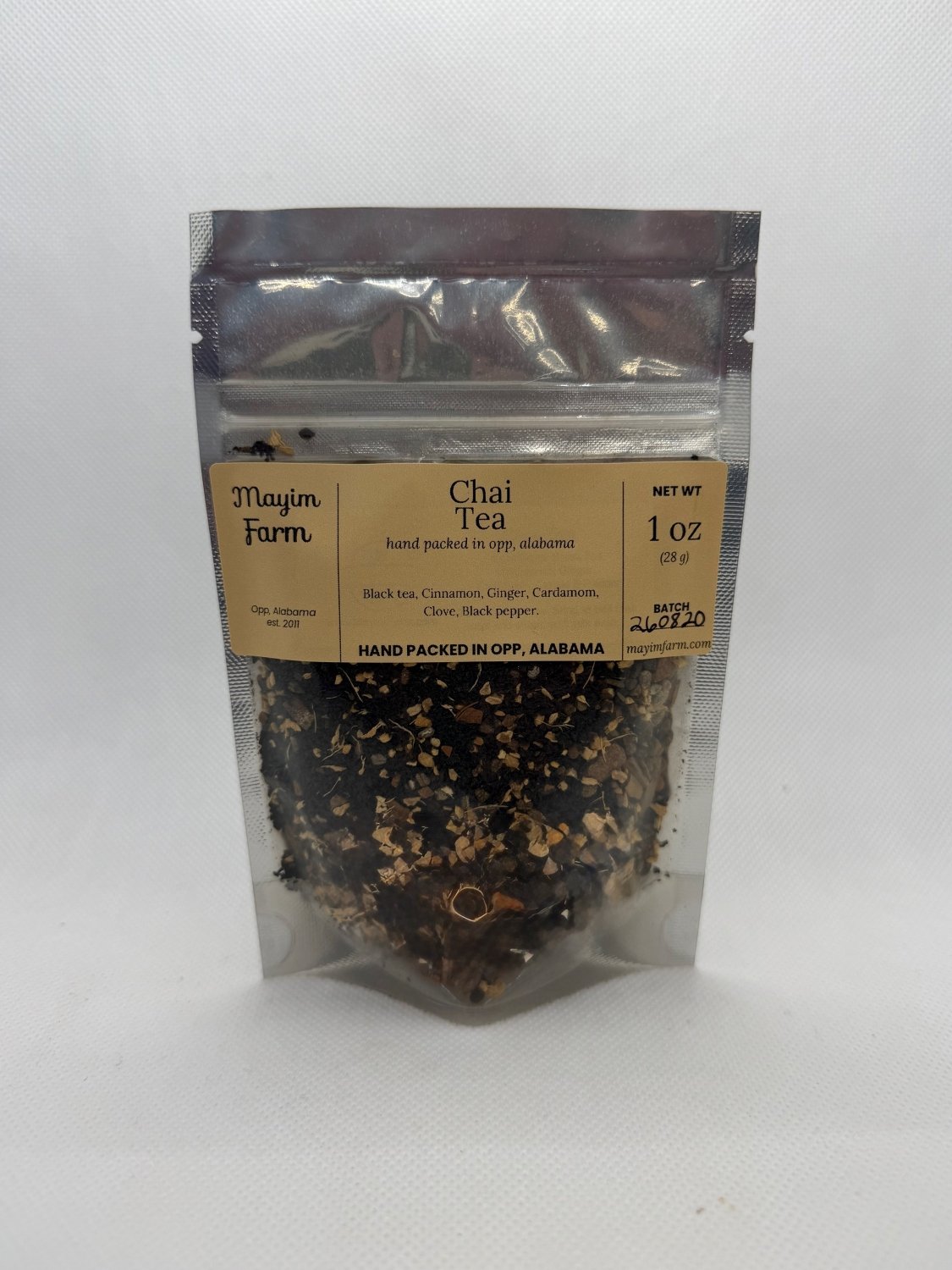 Chai Tea bag front, loose black tea and whole chai spices packed by hand at Mayim Farm in Opp, Alabama