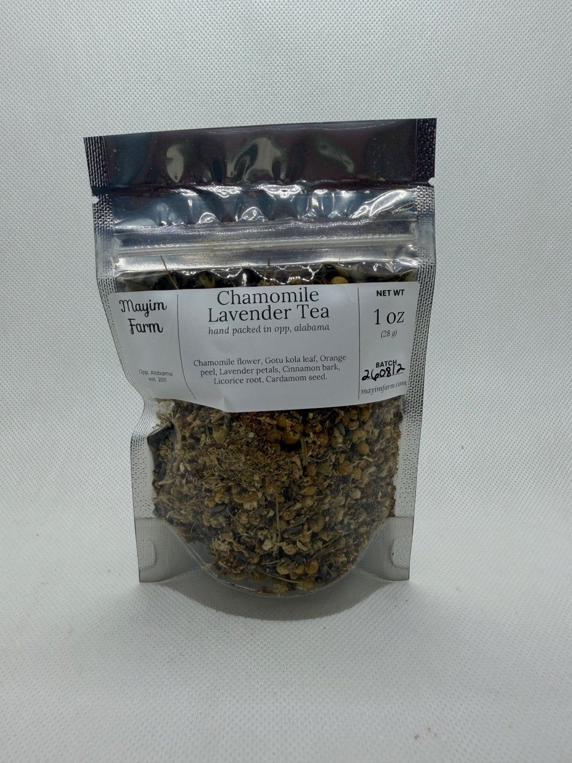 Chamomile Lavender Tea bag front, loose chamomile and lavender blended by hand in Opp, Alabama