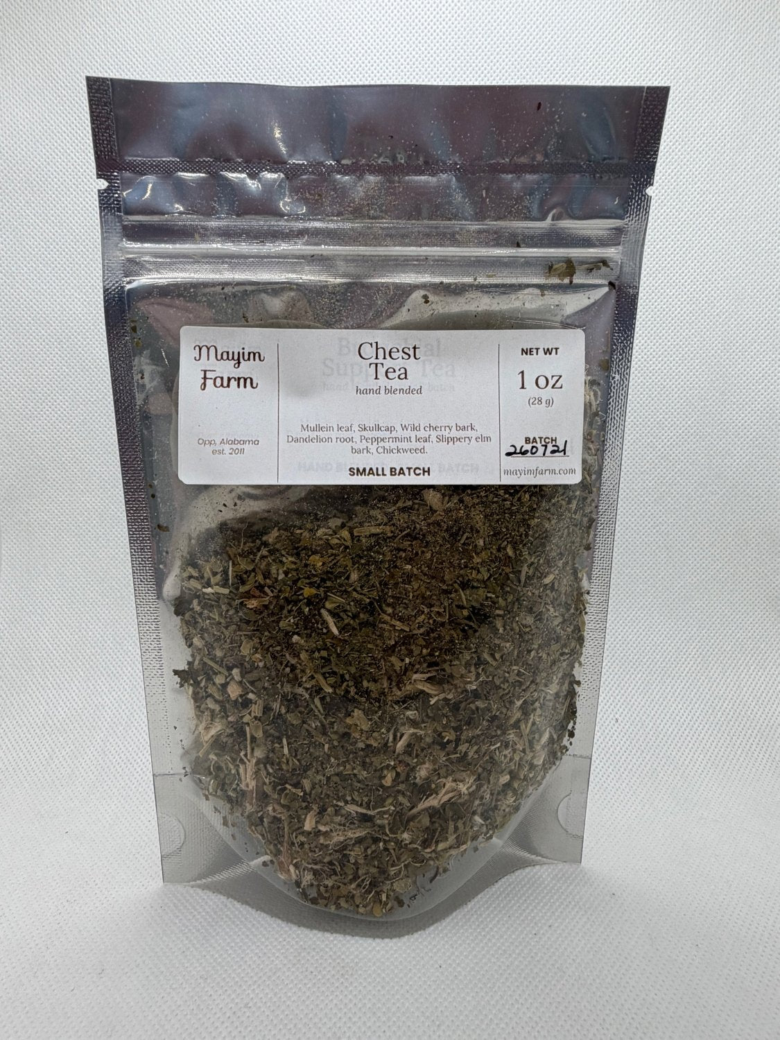 Chest Tea, a second view of the bag showing the loose mullein and wild cherry bark blend