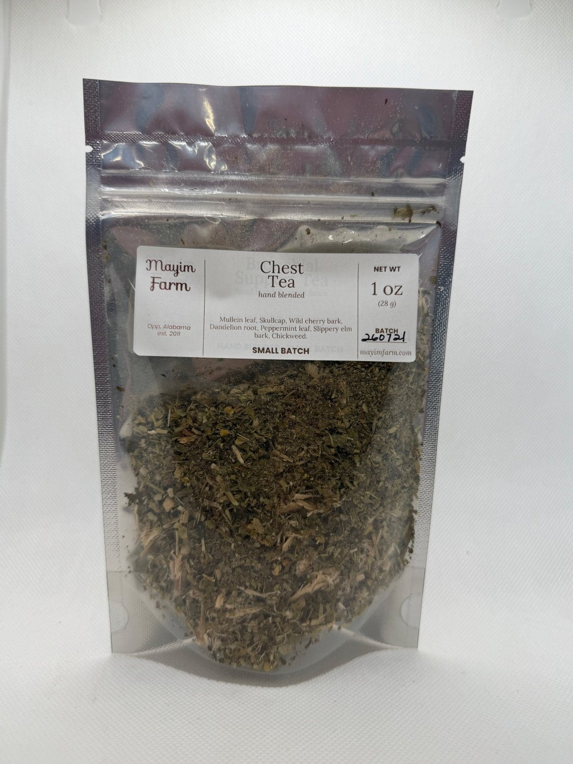 Chest Tea bag front, a loose leaf mullein and wild cherry bark blend from Mayim Farm in Opp, Alabama