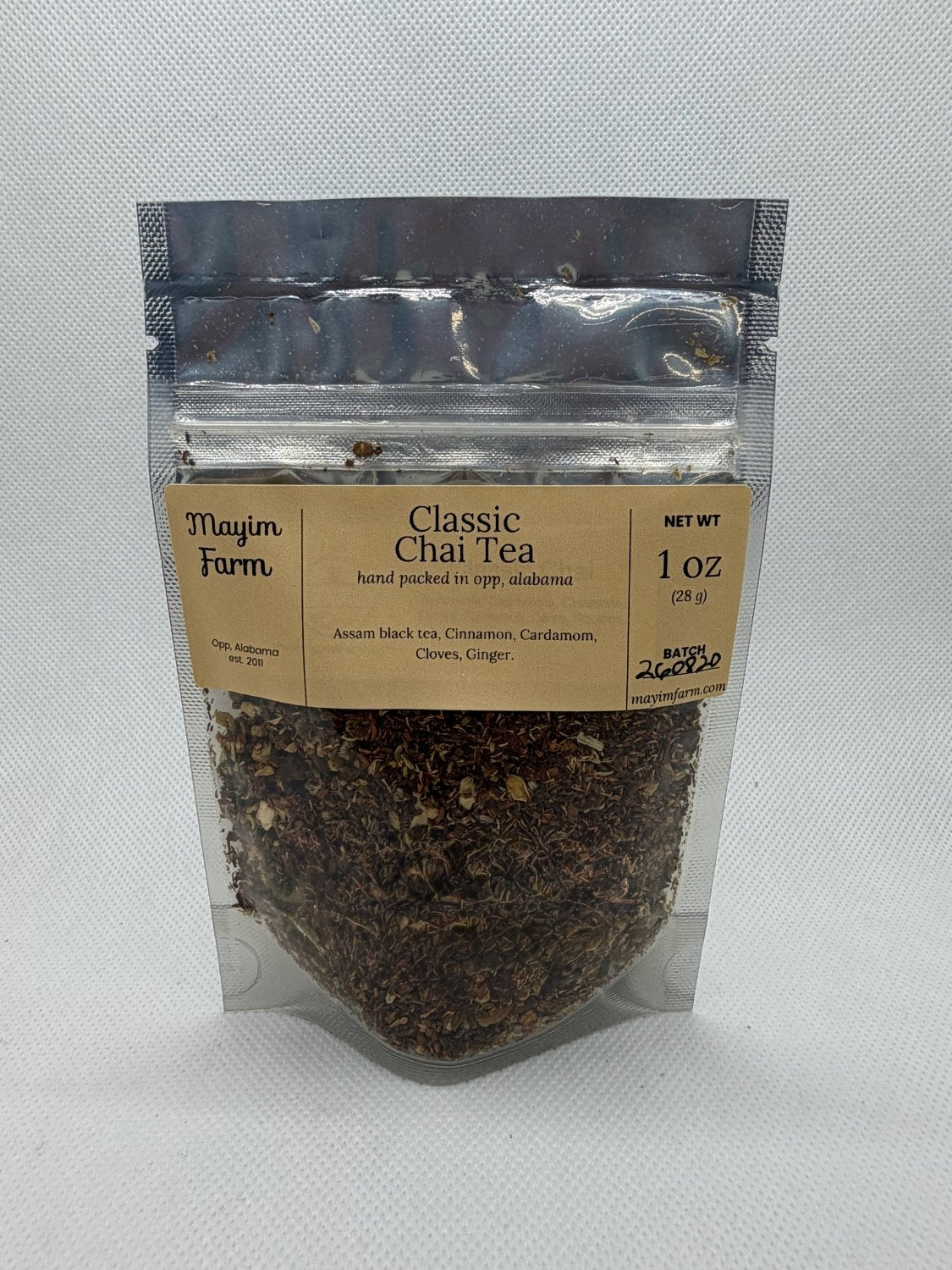 Classic Chai Tea bag front, loose black tea with whole chai spices, hand packed in Opp, Alabama