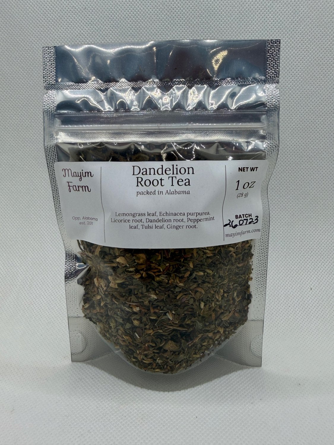 Dandelion Root Tea bag front, cut dandelion root packed by hand at Mayim Farm in Opp, Alabama