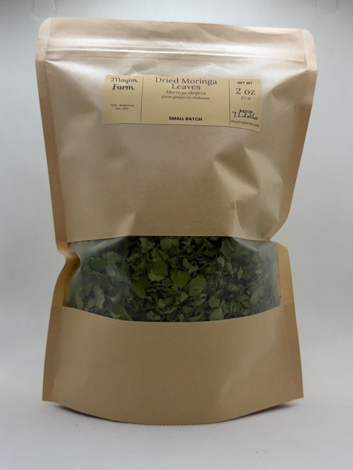 Dried Moringa Leaves package front, whole dried moringa leaf grown at Mayim Farm in Opp, Alabama