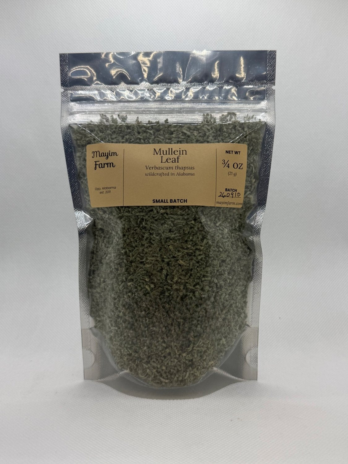 Mayim Farm Dried Mullein Leaf, 3/4 oz bag of cut leaf wildcrafted in Alabama