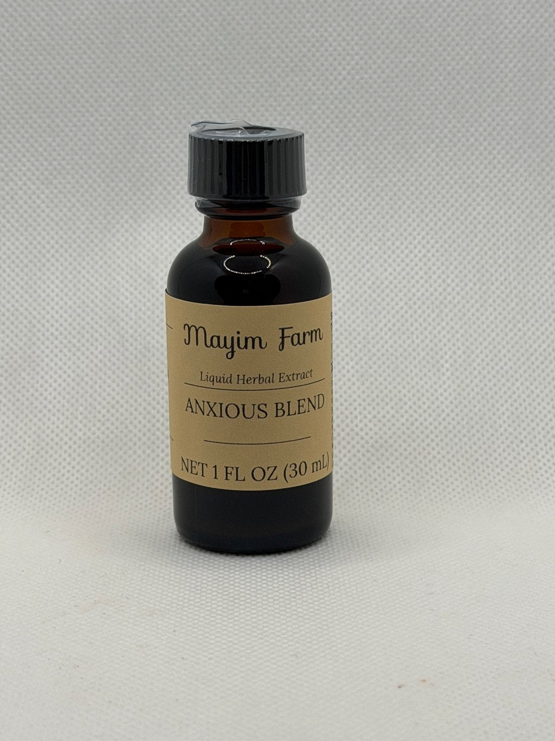 Easy Mind Blend, 1 fl oz amber glass bottle, liquid herbal extract made at Mayim Farm in Opp, Alabama