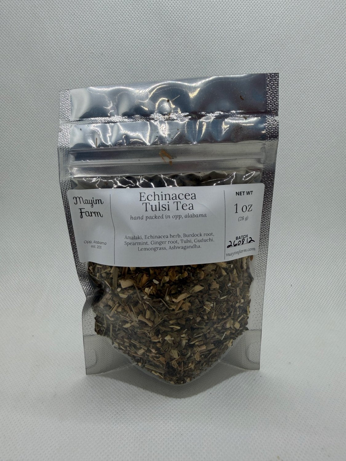 Echinacea Tulsi Tea bag front, a loose leaf blend of echinacea and tulsi packed by hand in Opp, Alabama