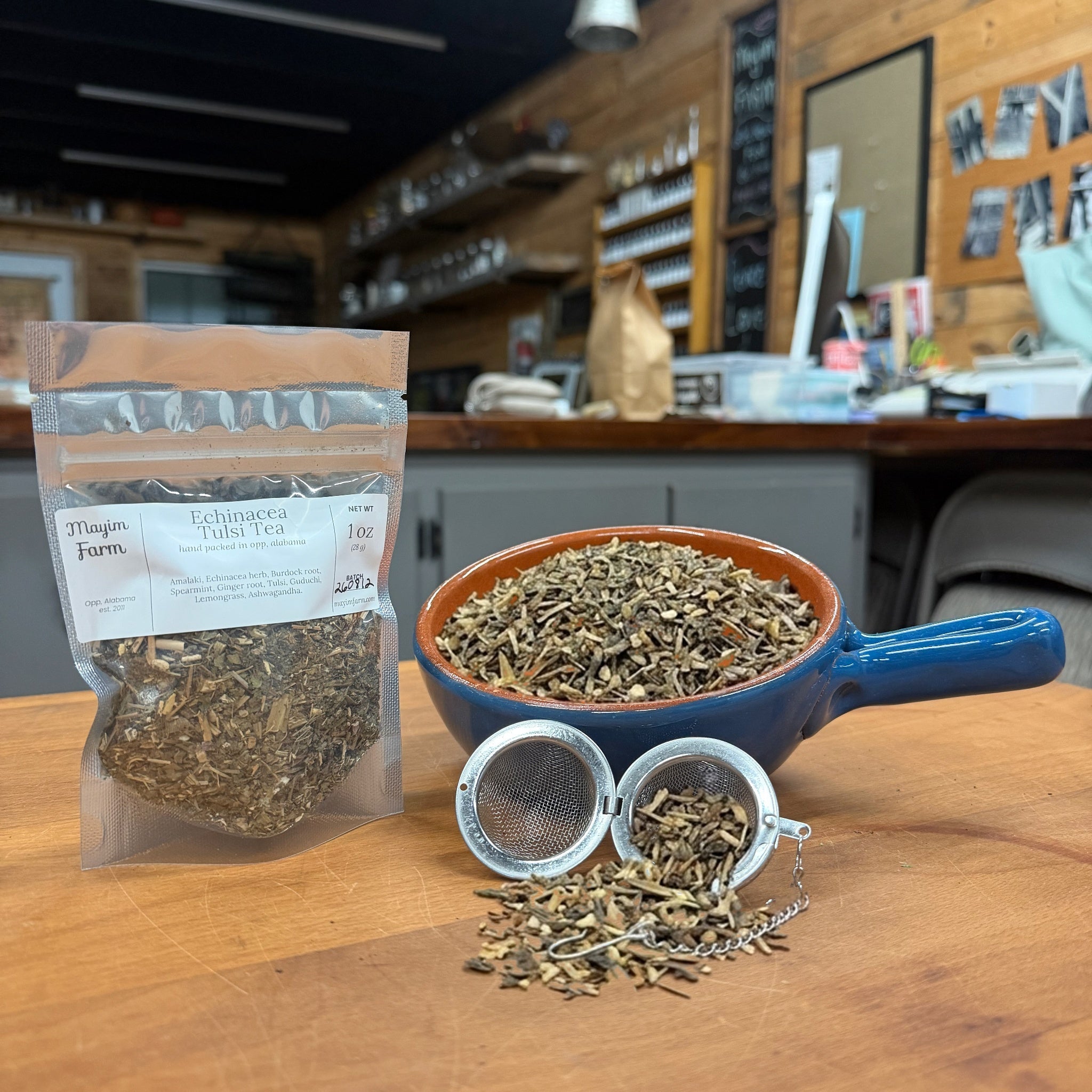 Echinacea Tulsi Tea loose leaf blend, packed by hand at Mayim Farm in Opp, Alabama