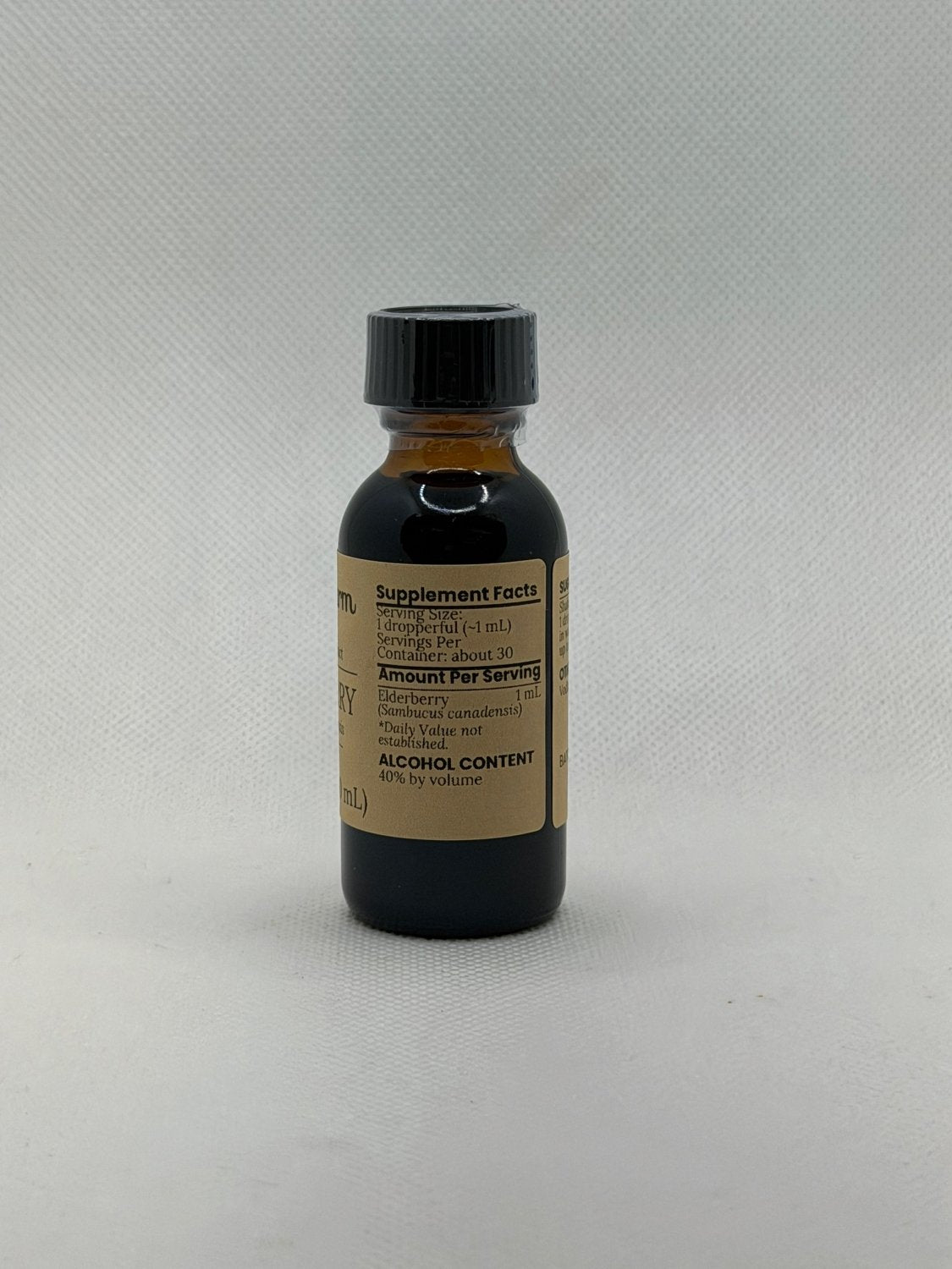Elderberry Extract supplement facts panel on the Mayim Farm bottle label