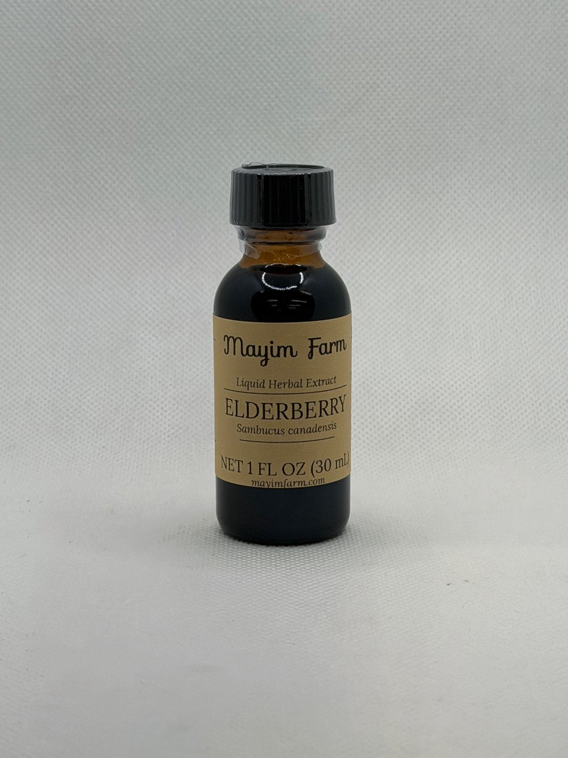 Elderberry Extract, 1 fl oz amber glass bottle, liquid herbal extract made at Mayim Farm in Opp, Alabama