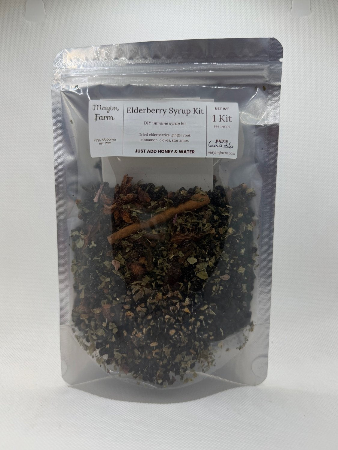 Elderberry Syrup Kit pouch front, dried elderberries and whole spices packed by hand in Opp, Alabama