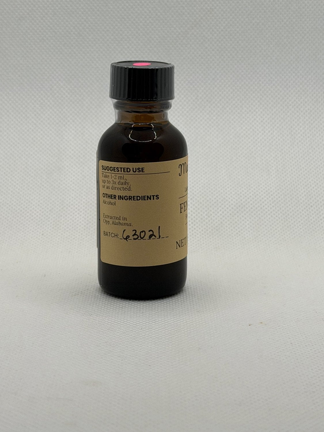 Fennel Seed Extract suggested use and other ingredients on the Mayim Farm bottle label