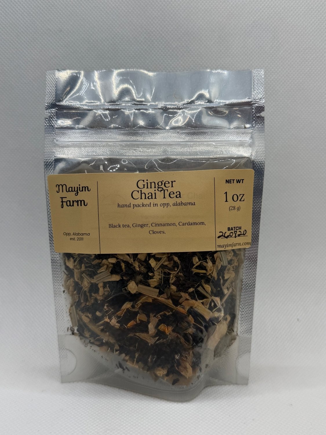 Ginger Chai Tea pouch front, loose black tea with ginger and whole spices, hand packed in Opp, Alabama