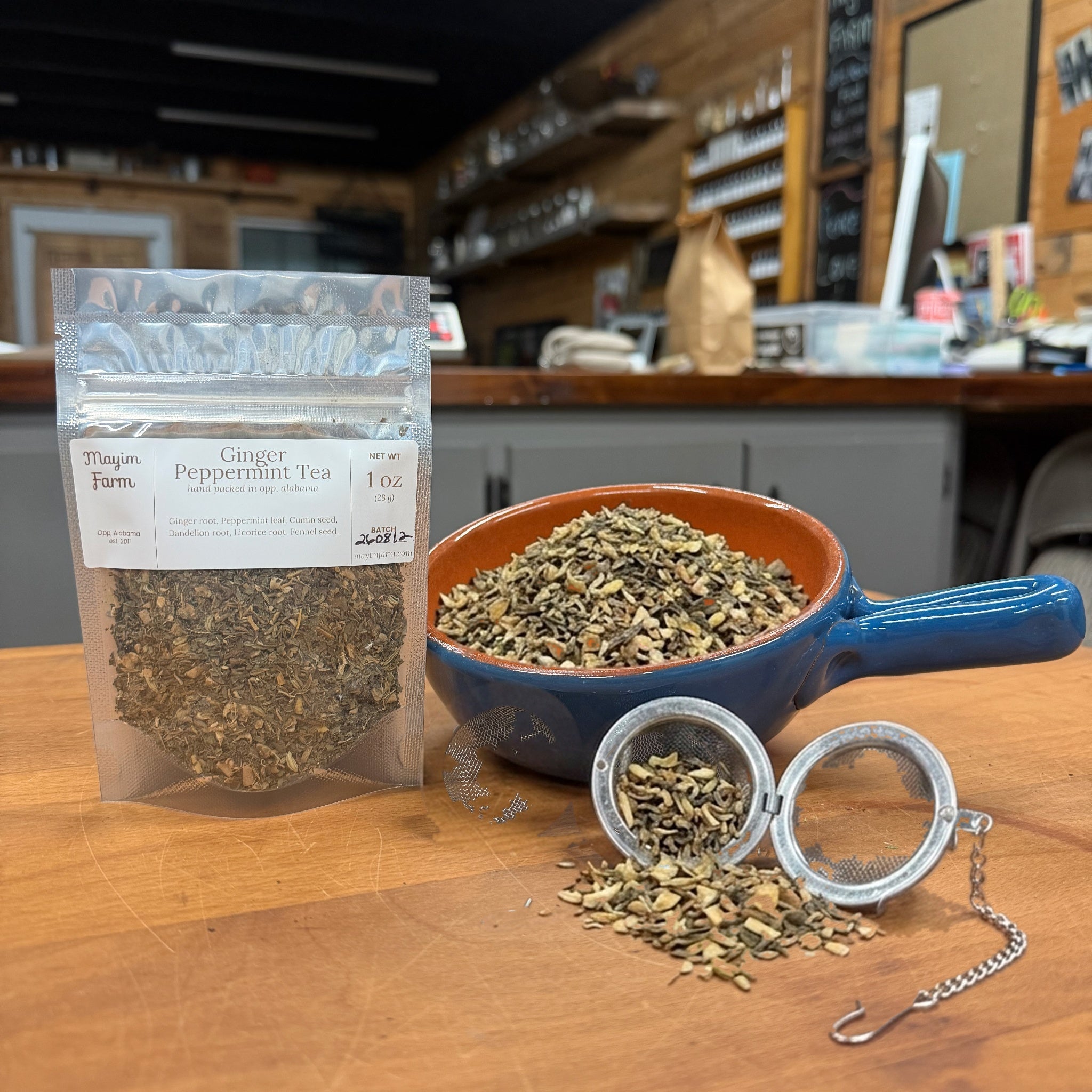 Ginger Peppermint Tea loose leaf blend, packed by hand at Mayim Farm in Opp, Alabama