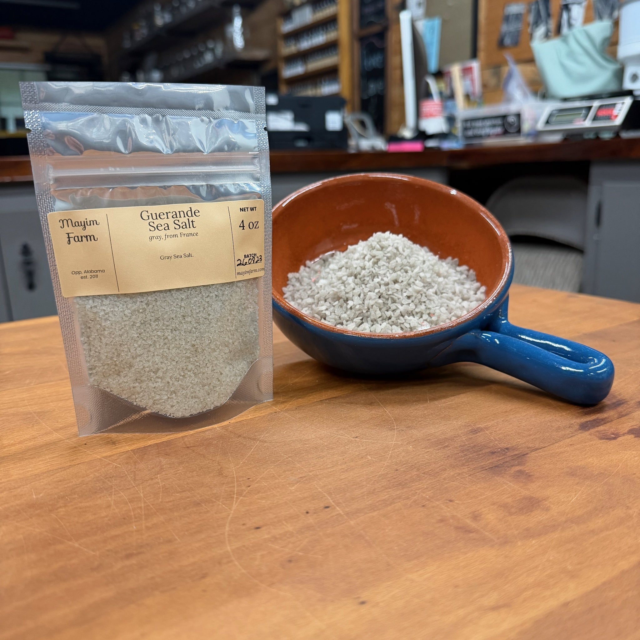 Guérande gray sea salt from the French salt marshes, packed by hand at Mayim Farm in Opp, Alabama