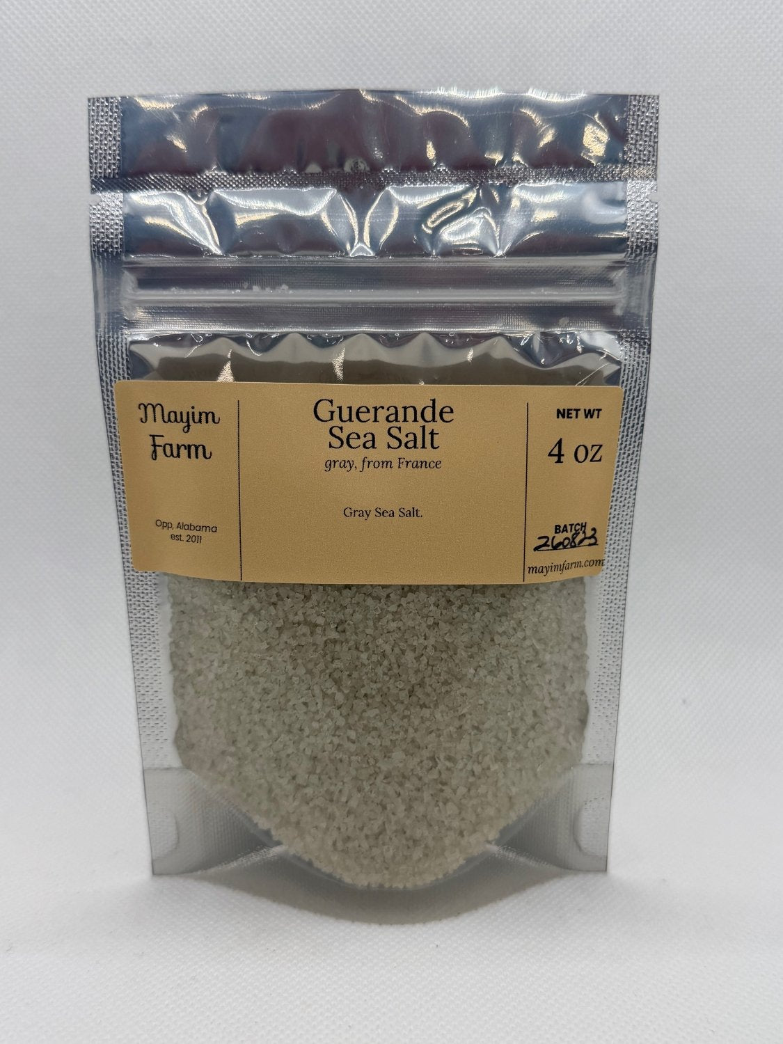 Guerande gray sea salt package front, harvested from the French salt marshes and packed at Mayim Farm