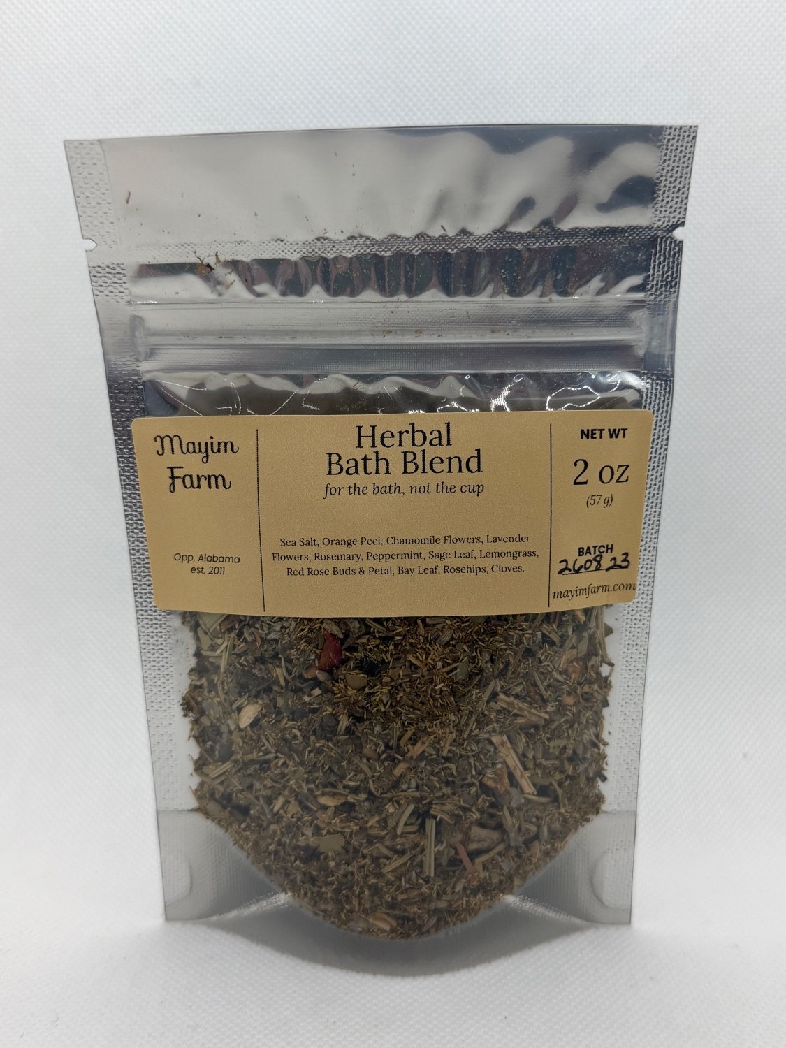 Herbal Bath Blend package front, a twelve herb bath soak with sea salt from Mayim Farm in Opp, Alabama