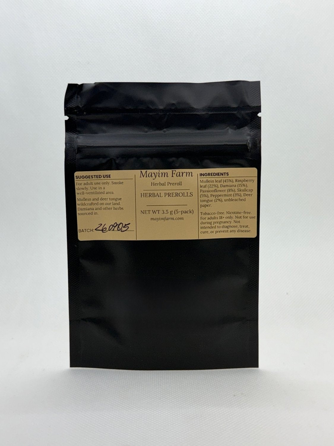 Mayim Farm Herbal Prerolls 5-pack bag with label showing suggested use and ingredients