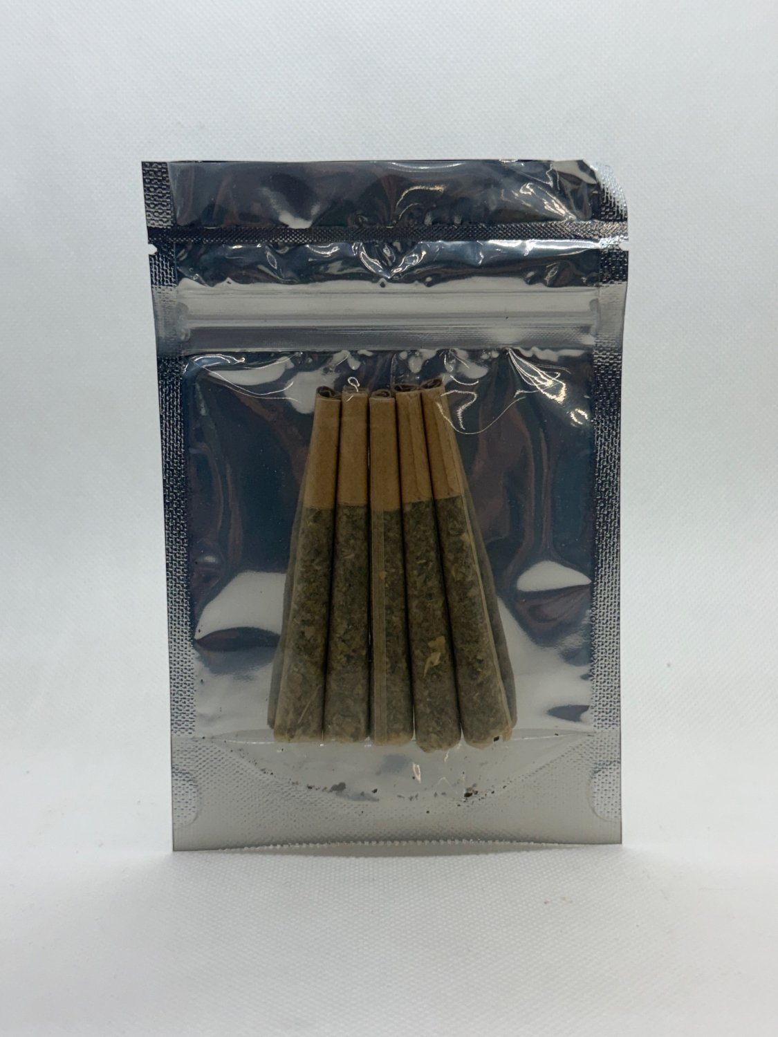 Five Mayim Farm Herbal Prerolls in a clear bag, mullein-based herbal blend in unbleached paper