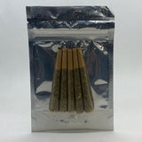 Five Mayim Farm Herbal Prerolls in a clear bag, mullein-based herbal blend in unbleached paper