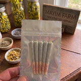 Herbal Prerolls by Mayim Farm, five tobacco-free herbal prerolls in a resealable mylar bag, hand-blended in Opp Alabama
