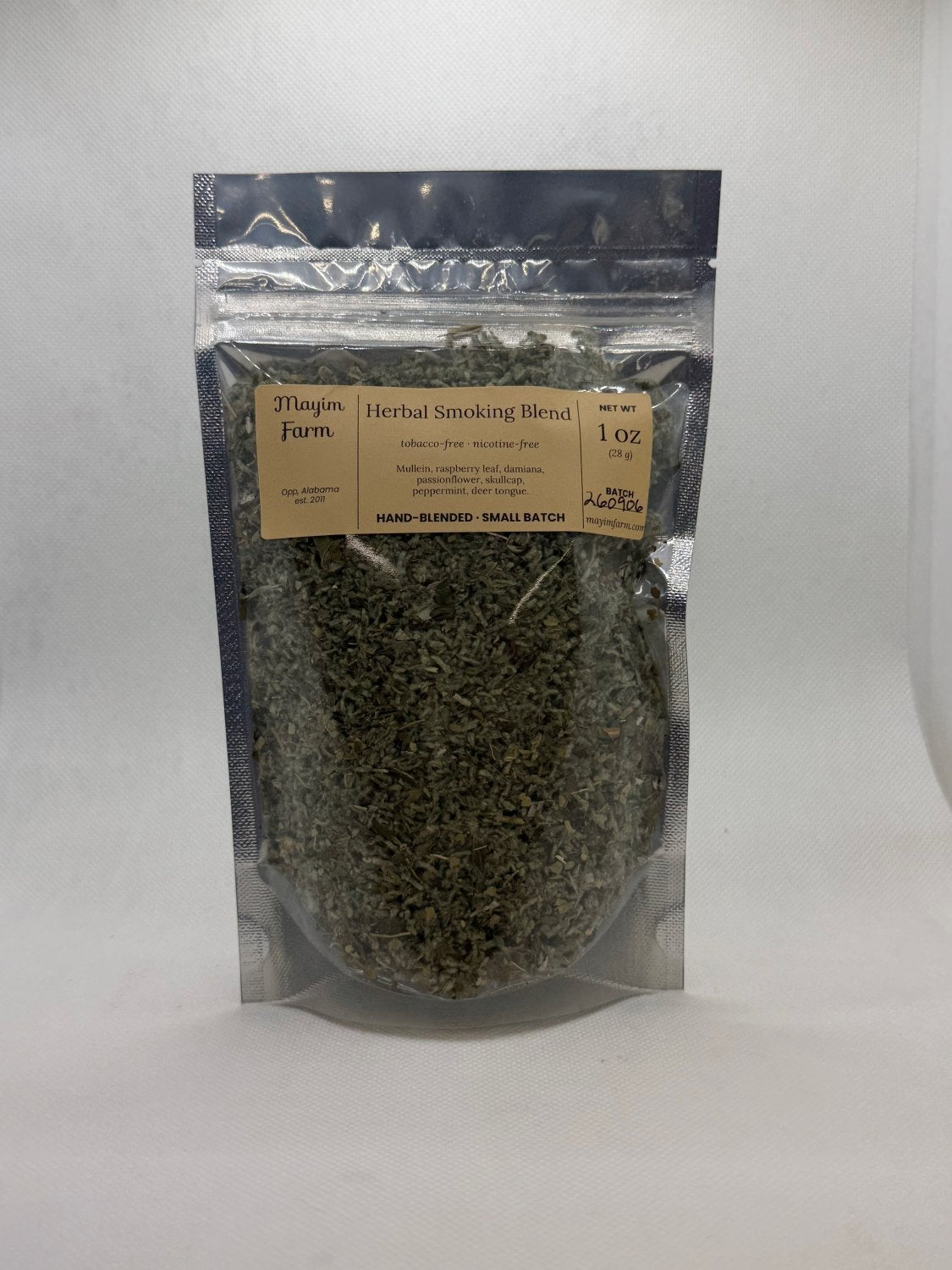 Mayim Farm Herbal Smoking Blend, 1 oz resealable bag showing the loose mullein-based blend