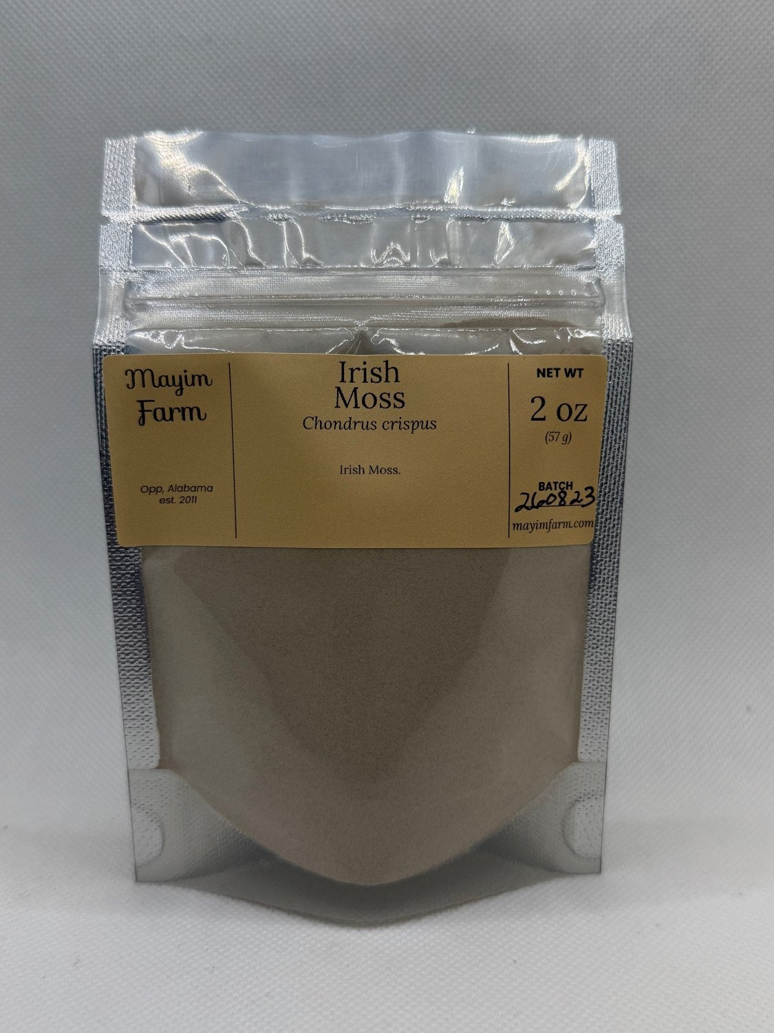 Irish Moss Powder pouch front, ground sea moss packed by hand at Mayim Farm in Opp, Alabama