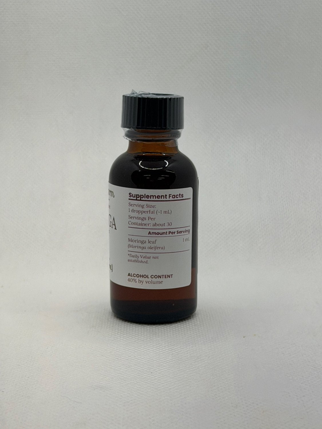 Moringa Leaf Extract supplement facts panel on the Mayim Farm bottle label
