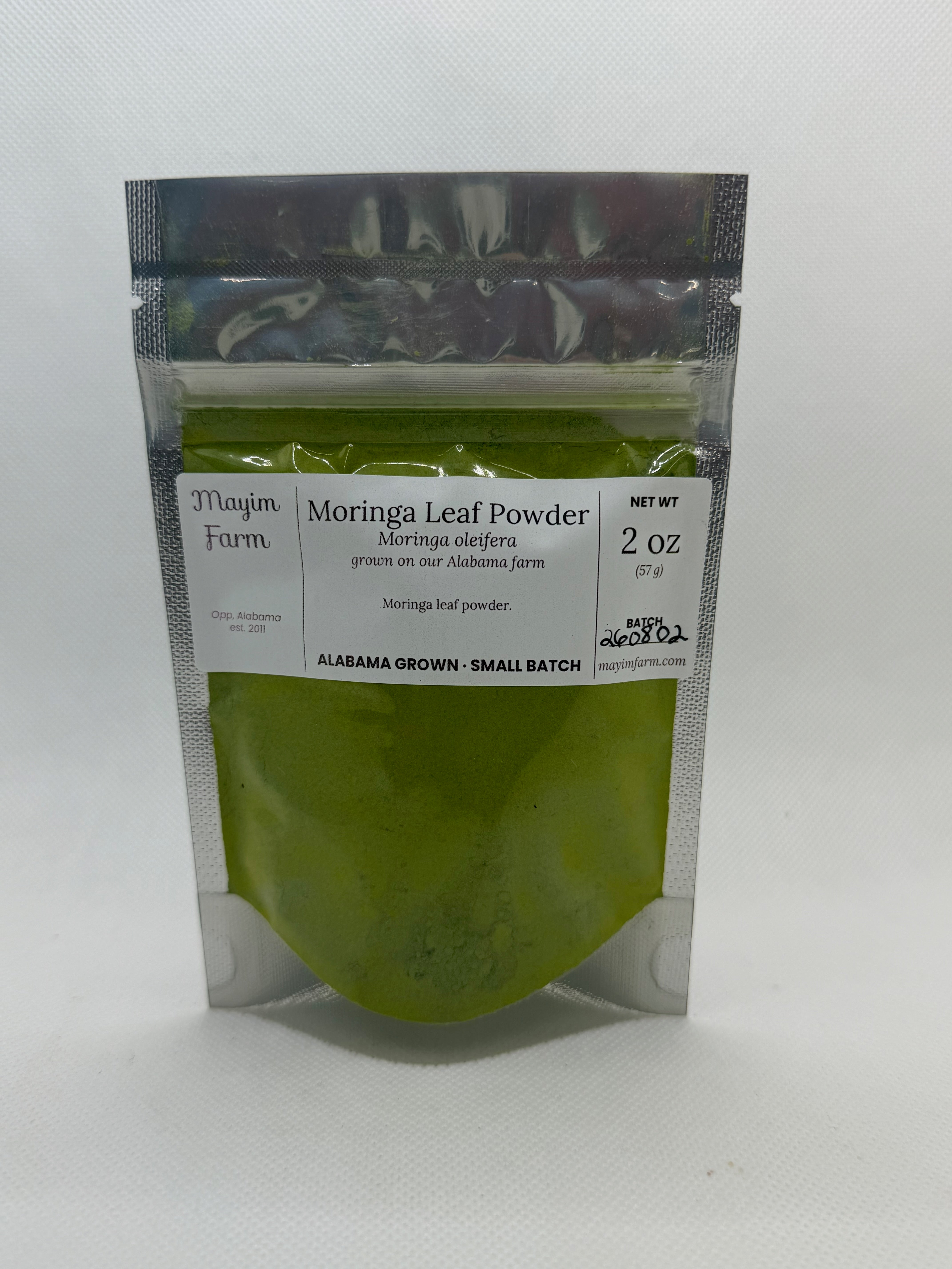 Moringa Leaf Powder pouch front, leaf grown, dried and ground by hand at Mayim Farm in Opp, Alabama