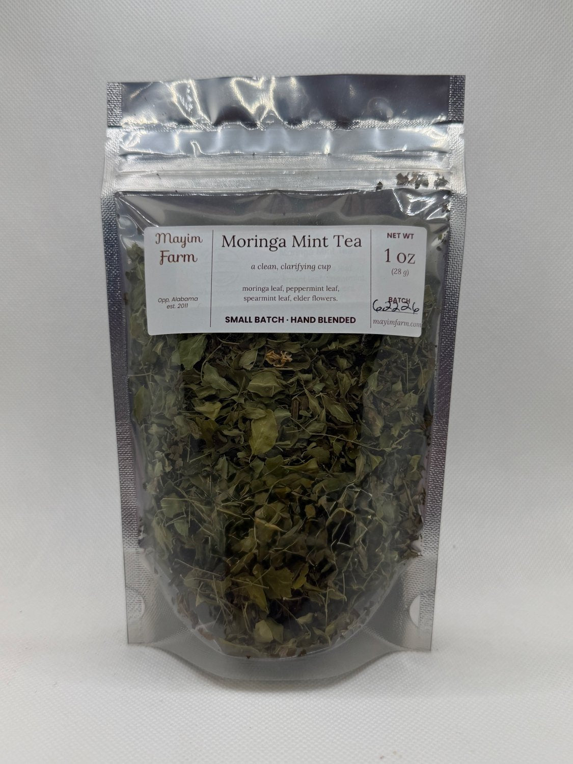 Moringa Mint Tea bag front, farm grown moringa leaf blended with mint in Opp, Alabama