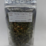 Moringa Orange Tea pouch front, moringa leaf blended with orange peel at Mayim Farm in Opp, Alabama