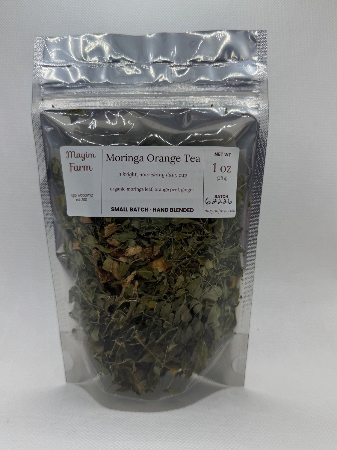 Moringa Orange Tea pouch front, moringa leaf blended with orange peel at Mayim Farm in Opp, Alabama