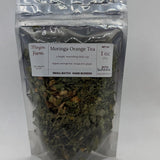 Moringa Orange Tea pouch front, moringa leaf blended with orange peel at Mayim Farm in Opp, Alabama