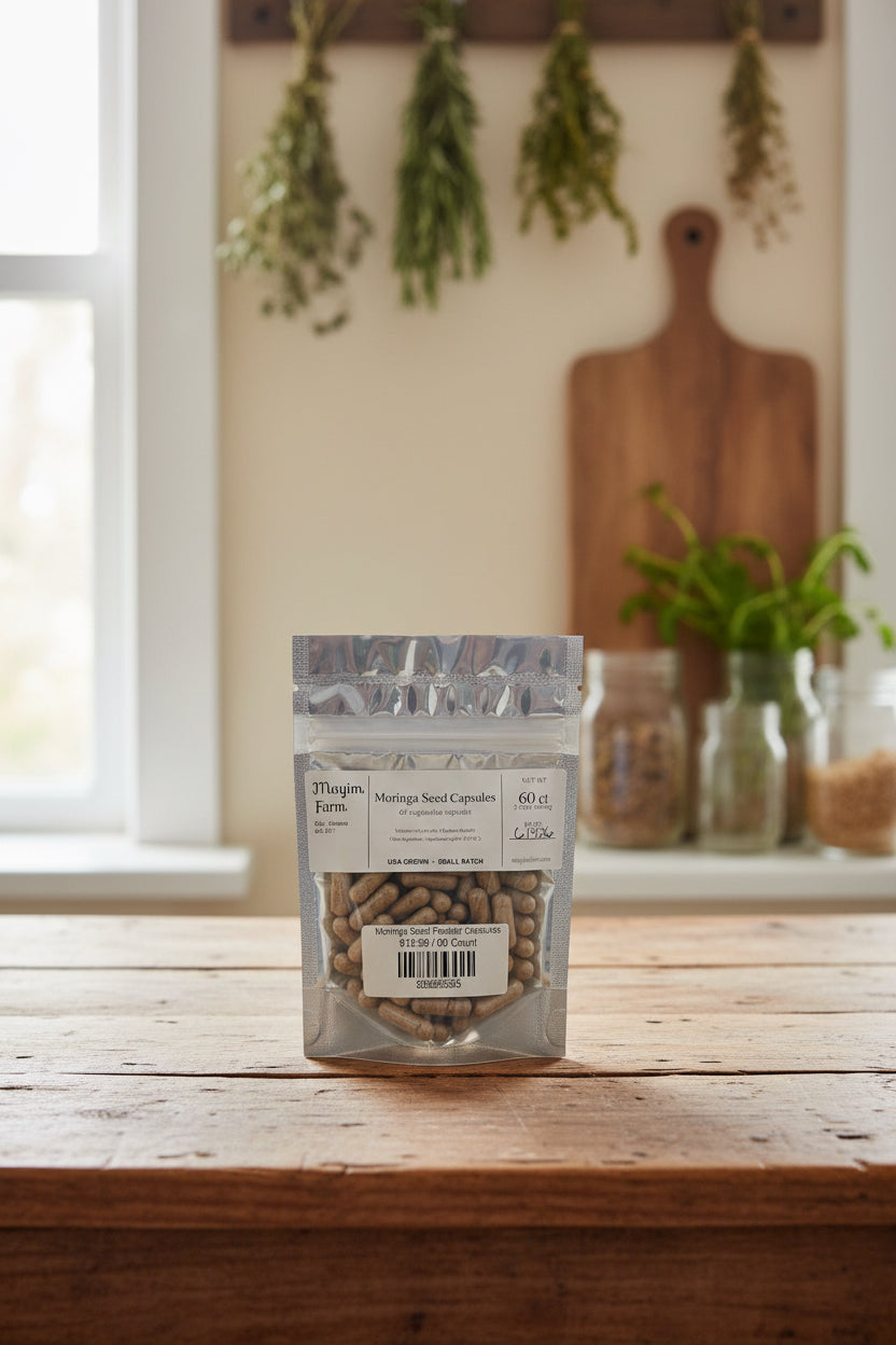 Moringa seed powder capsules Alabama farm-grown from Mayim Farm