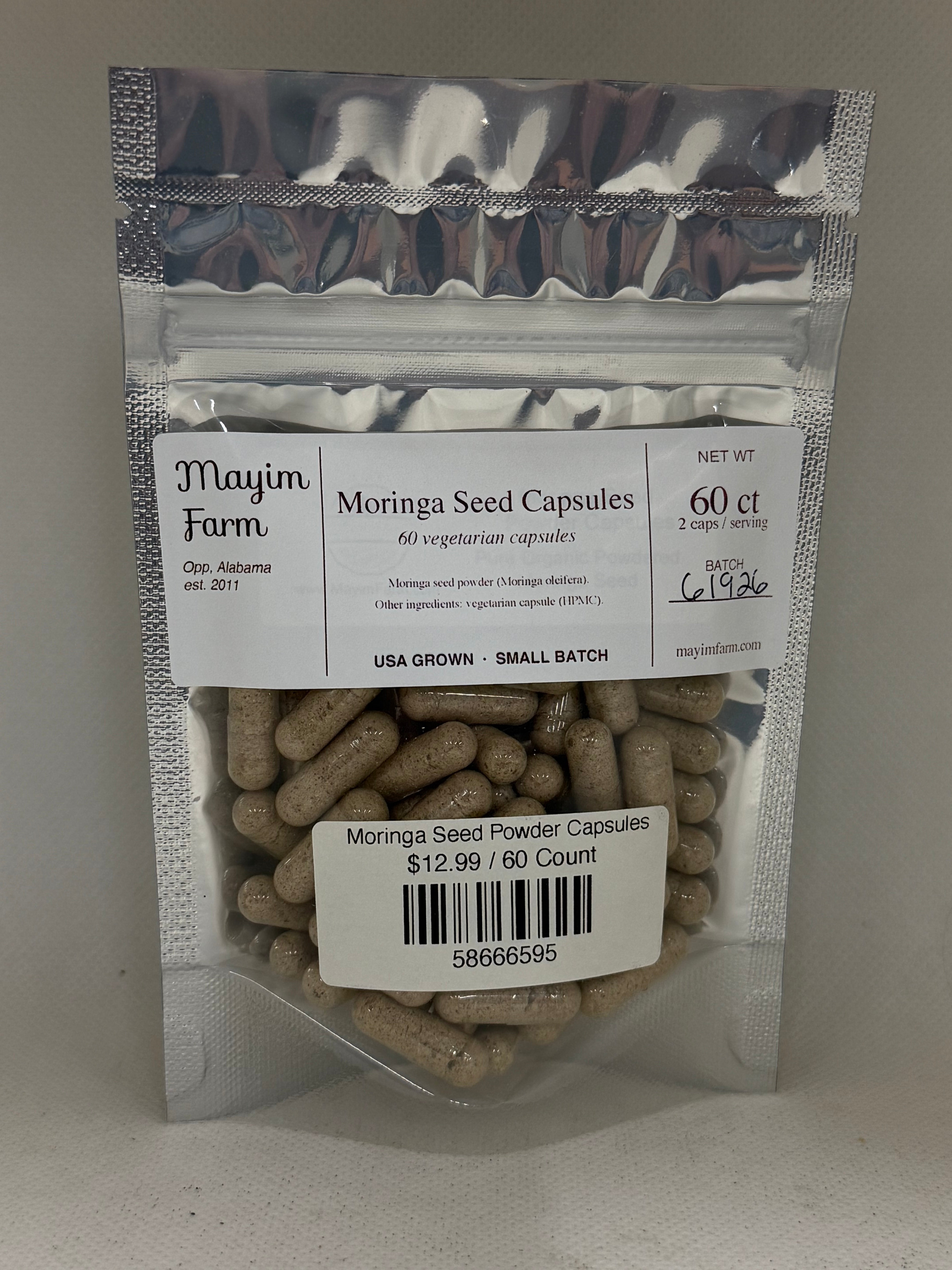 Moringa seed powder capsules Alabama farm-grown from Mayim Farm