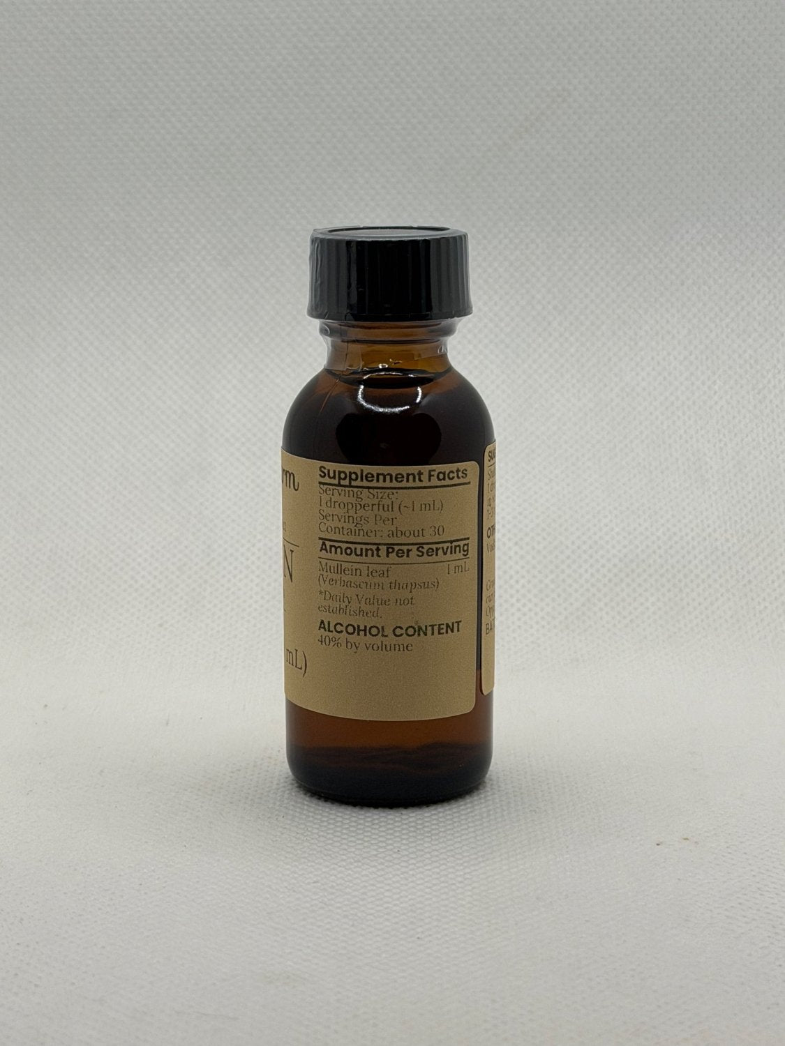 Mullein Extract supplement facts panel on the Mayim Farm bottle label