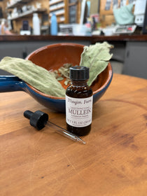 Wildcrafted mullein leaf tincture in an amber dropper bottle from Mayim Farm in Opp, Alabama