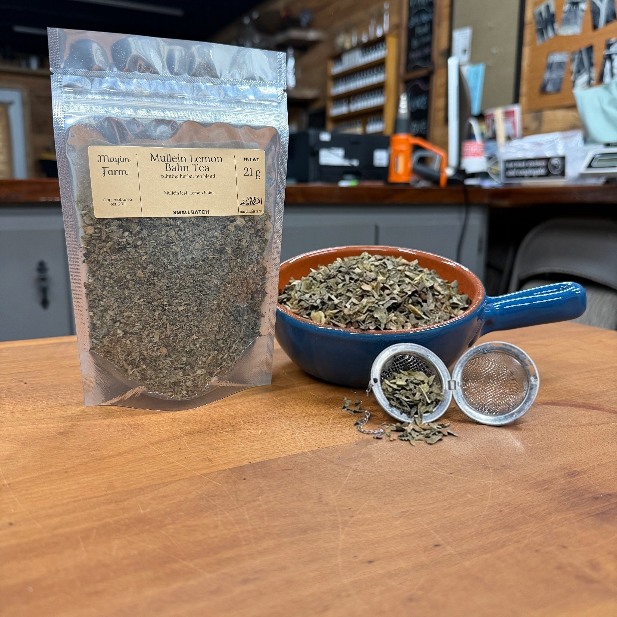 Mullein Lemon Balm Tea with wildcrafted mullein, hand-bagged at Mayim Farm in Opp, Alabama